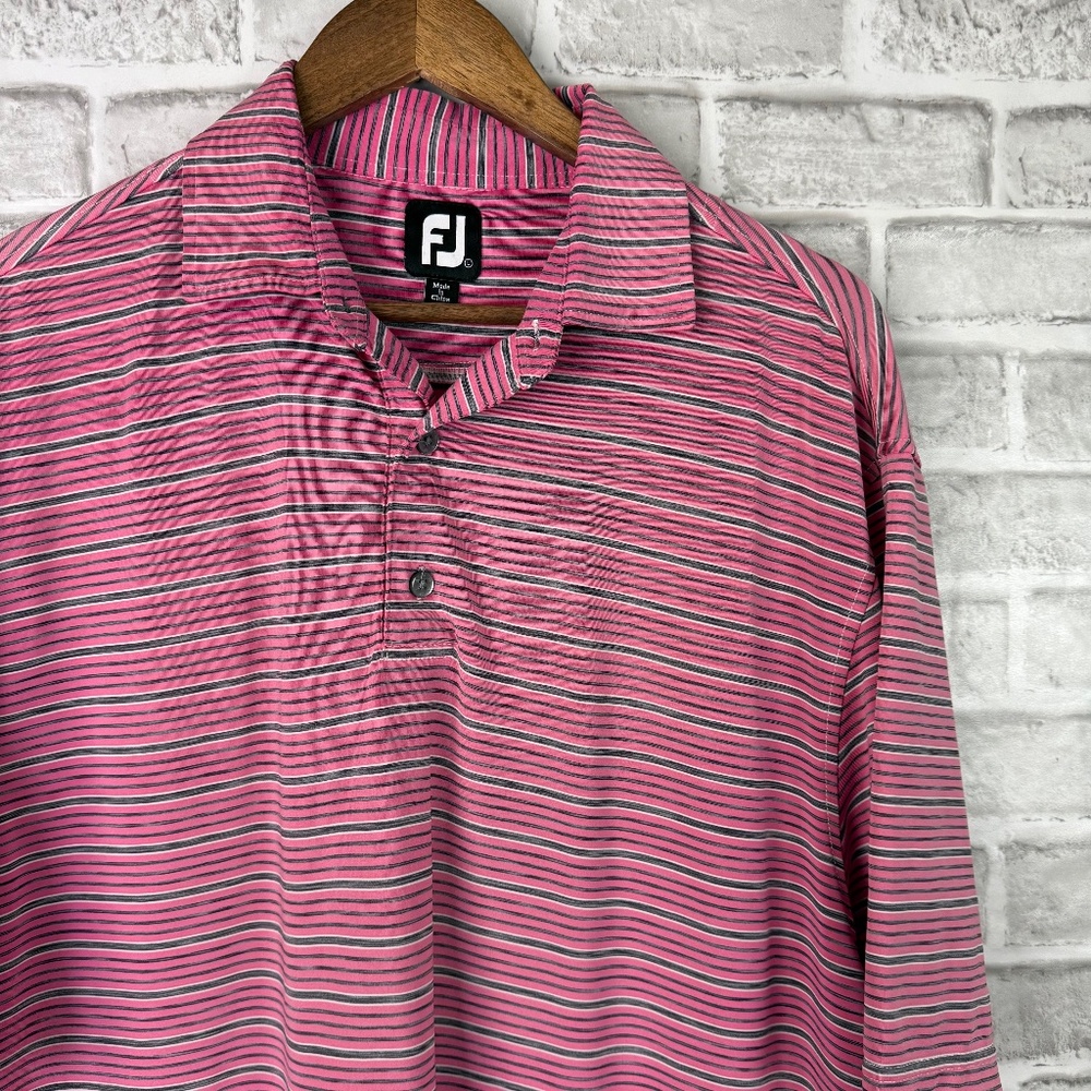 FootJoy FJ Hot Pink Scratched Gray Striped Performance Golf Polo Mens Large